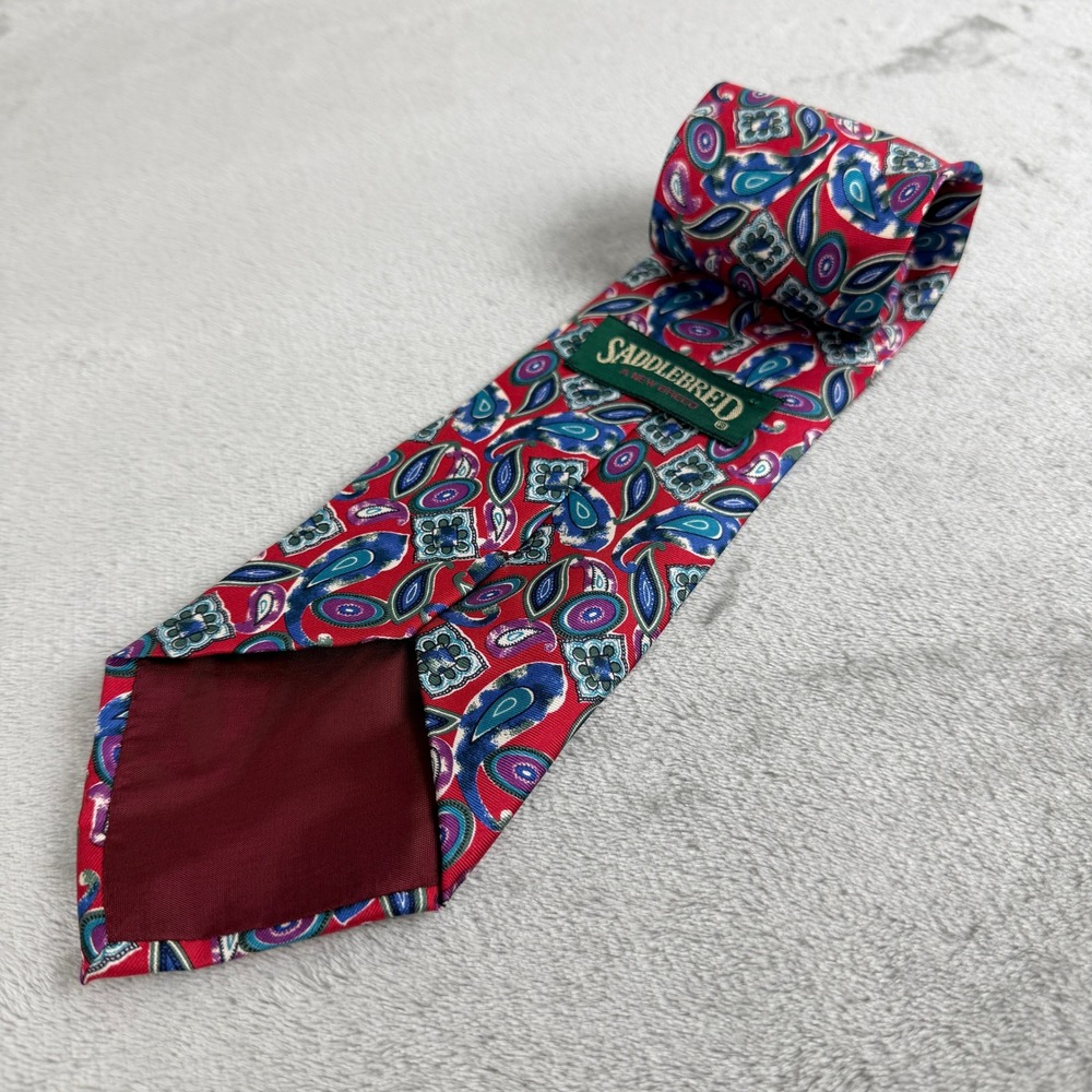 Saddlebred Mens Red Paisley Silk Tie Made‎ in Italy Geometric Floral Necktie